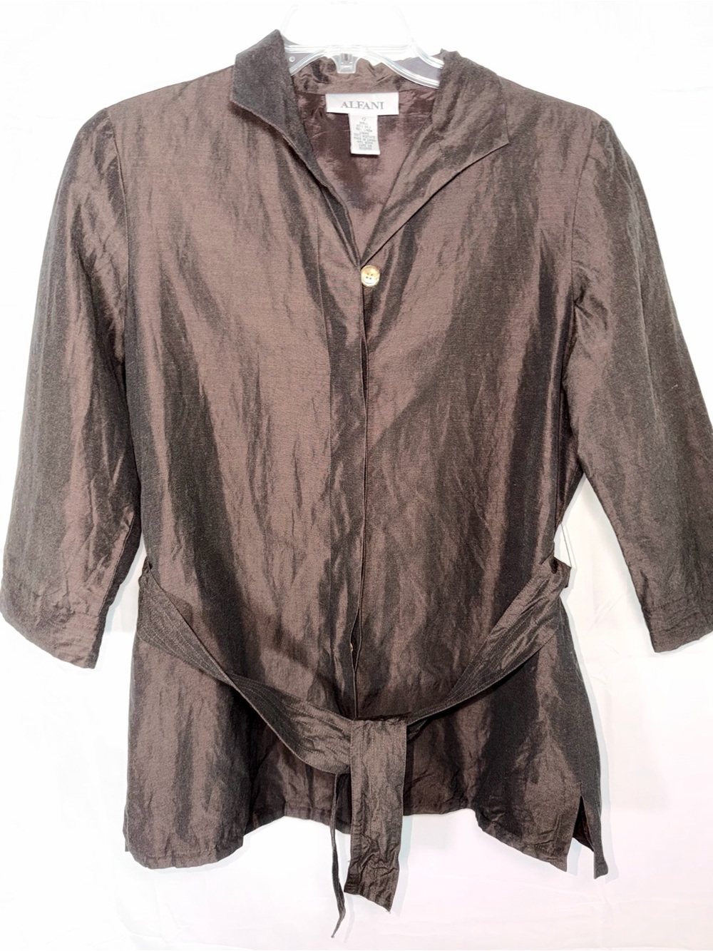 Alfani Dark Brown Silk/linen Blend Button-Front Tie-Waist Blazer